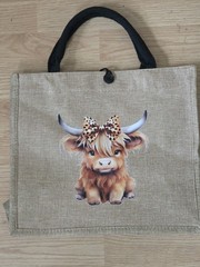 Reusable Shopping Bag Highland Cow Print Foldable Jute Polyester Beige Black