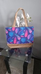 Large Blue Multicolor Leaf Print Polyester Tote Reusable Bag Beige Handles