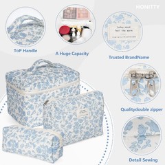 Makeup Bag,Quilted Cosmetic Bag,Large Floral Make Up Bag for Mini, Blue-White