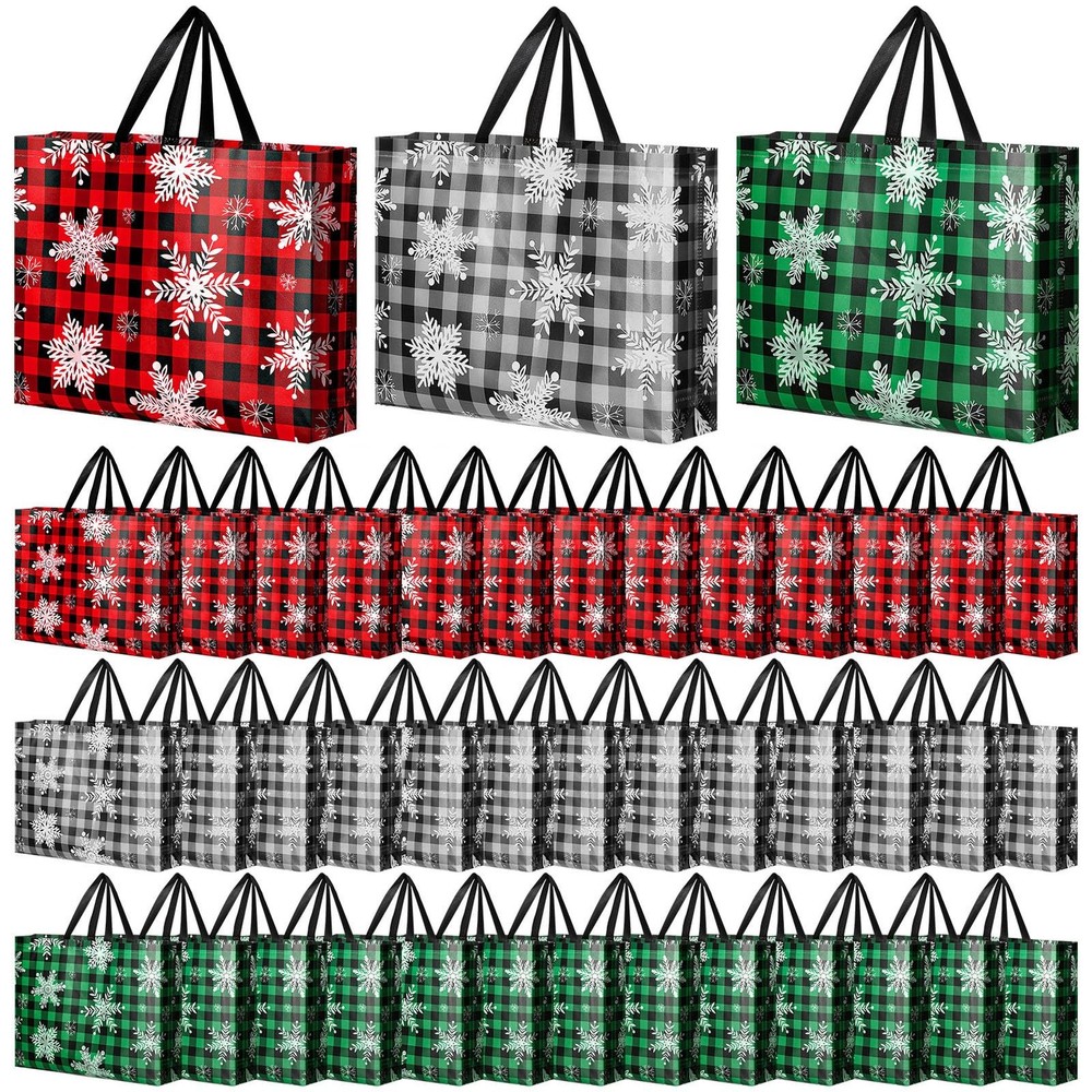 Large Reusable Christmas Plaid Tote Gift Bags Bulk With Handles 36 PCS