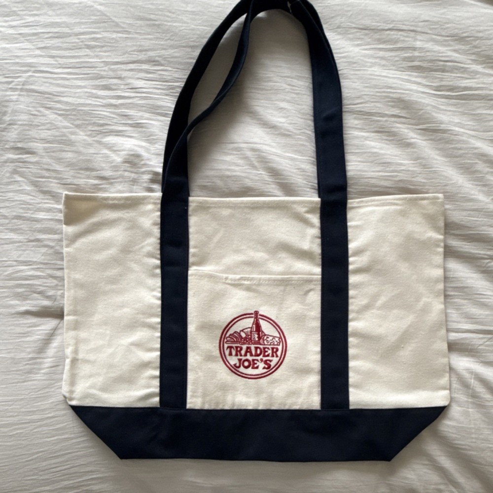 Trader Joe’s Reusable Foldable Canvas Tote Bag Beige Navy Blue
