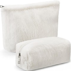 Paterr 2 Pcs Fuzzy Makeup Bag Set Wedding Plush Fluffy Cosmetic Beige