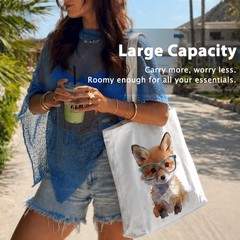 Cute Fox Canvas Tote Bag for Women Fox Lovers, Foxs Gifts, Reusable Grocery S…