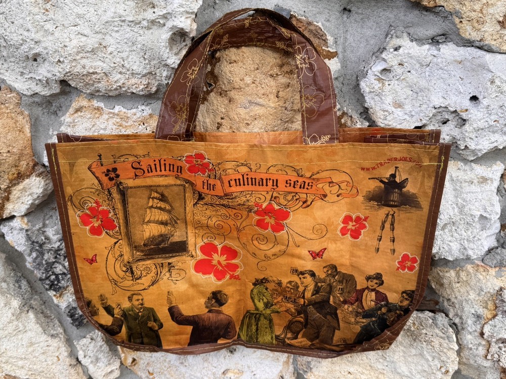 Vintage Trader Joe’s Shopping Tote Sailing Culinary Seas Reusable Bag Rare Brown