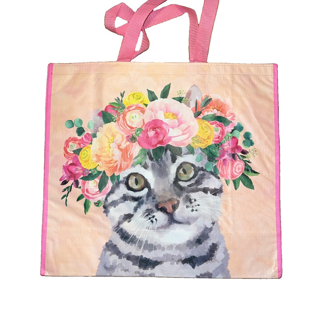 Tiger Kitty Cat FLORAL Crown🌸Reusable Durable Shopping Bag EcoTote TJX NWT