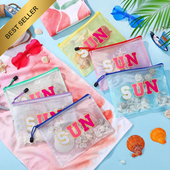 12 Pcs Pink Sun Sunscreen Bag Clear Preppy Letter Mesh Makeup Toiletry Pouch