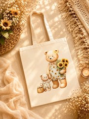 Cute Sunflower Bear Tote Bag | 100% Cotton Canvas Bag