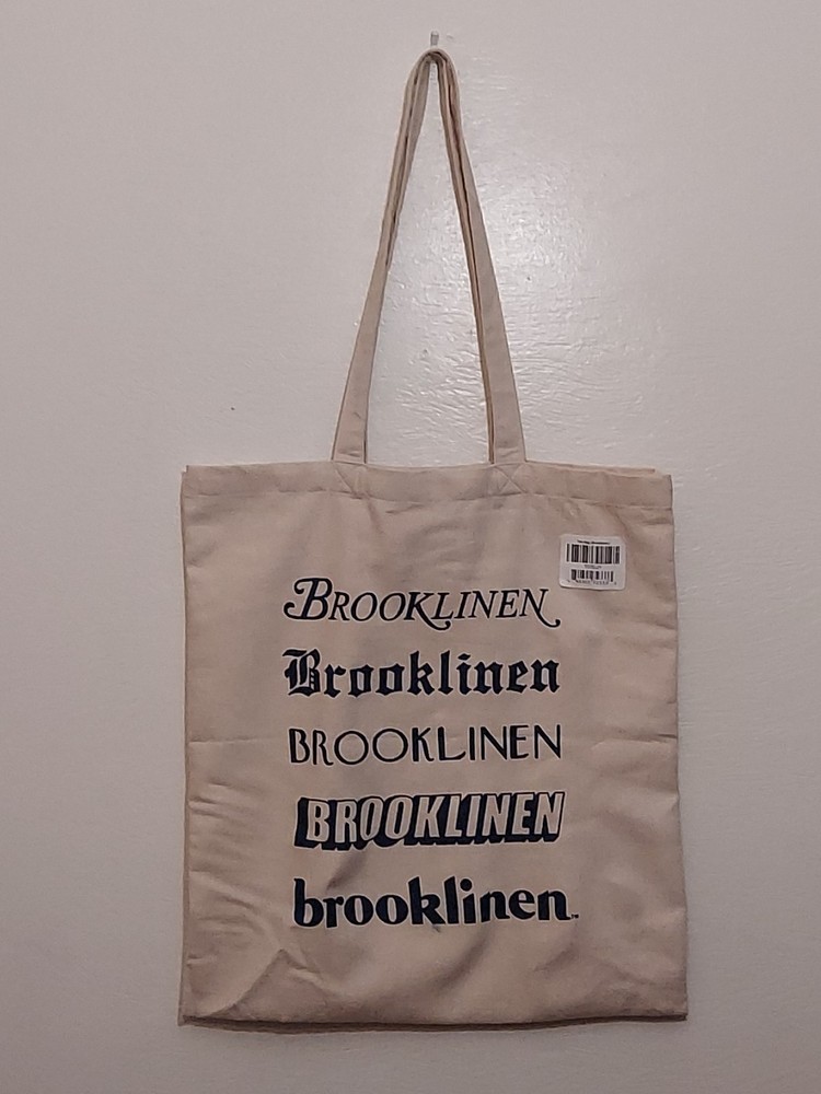 Brooklinen Canvas Tote Bag Light Beige Cotton Blue Lettering 17x 15.5 inches