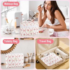 URSKYTOUS 3Pcs Makeup Bag Quilted Cosmetic Set Bow MM 3PCS Pink