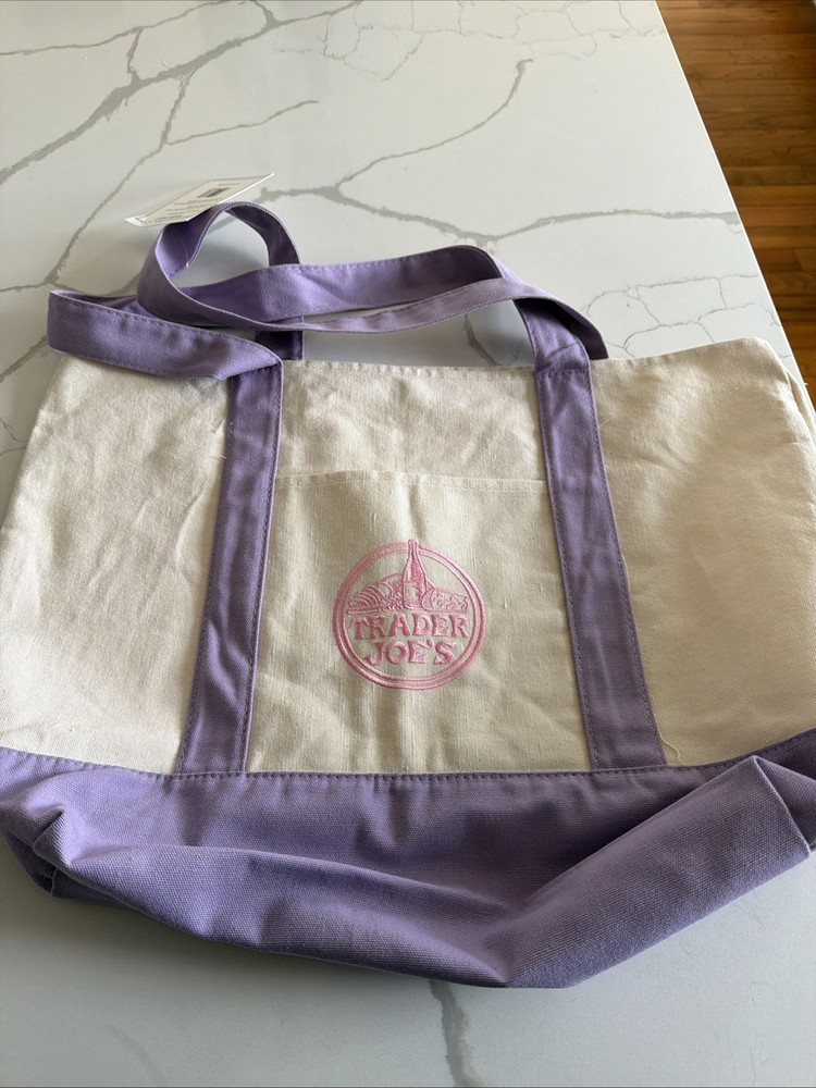 Trader Joe’s Lavender Large Canvas Tote Bag Reusable Grocery Beach Bag NEW