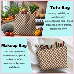 Brown Checkered Canvas Tote Bag Shopping Bag Reusable Grocery Bags with Pocke…