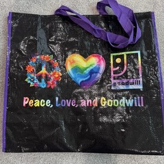 “Peace Love And Goodwill” Large Reusable Shopping Tote Bag Rainbow Colors Black
