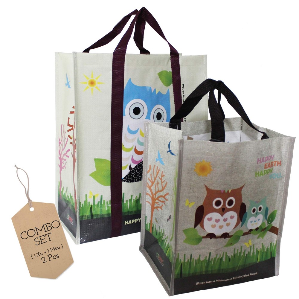 Combo Set Laminated XL And Mini Woven Reusable Grocery Shopping Tote Bags
