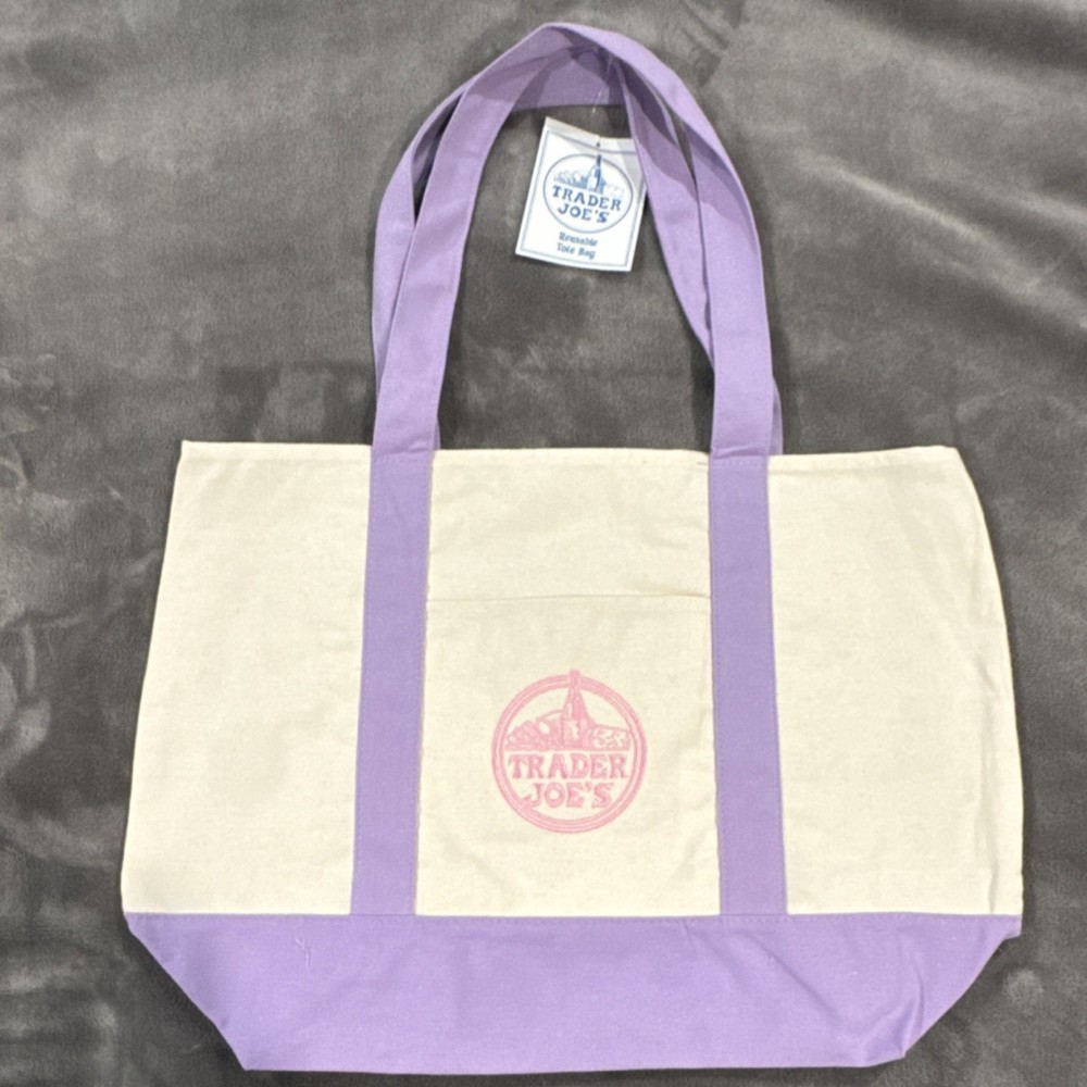 Trader Joe’s Foldable Reusable Tote Bag Cotton Polyester Beige Purple