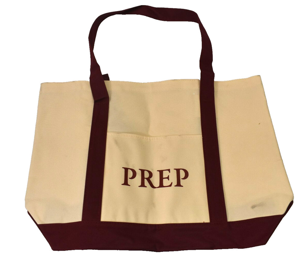 Prep Canvas Tote Bag Shopping w Side Pouch Beige/Maroon 19″ x 13-1/2″ Carry