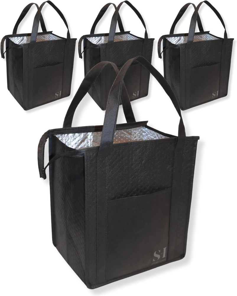 4 Pack Black Insulated Grocery Bags Reusable Zippered Shopping & Food Delivery