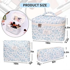 PGAXM 3PCS Makeup Bag,Quilted Cosmetic Bag,Large 10x6x6 inches, Pink Flower