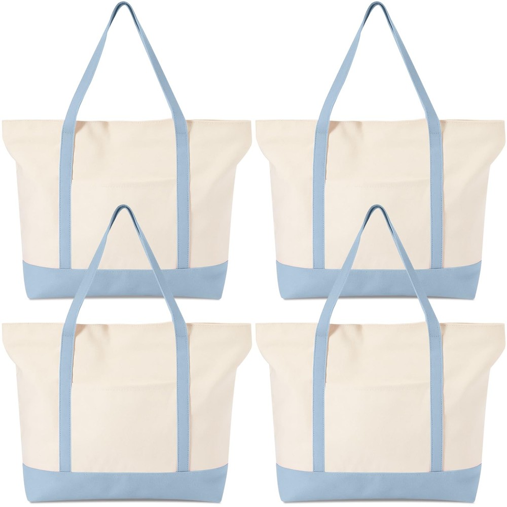 4 Pcs Large Canvas Tote Bags Bulk with Top Zipper Closure, Reusable Grocery S…