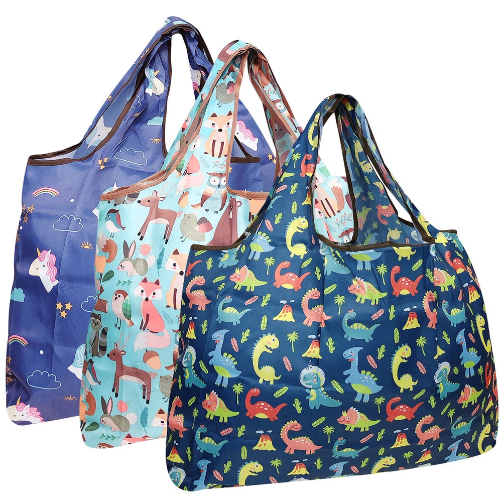 Wrapables Large Foldable Tote Nylon Reusable Grocery Bag, 3 Pack