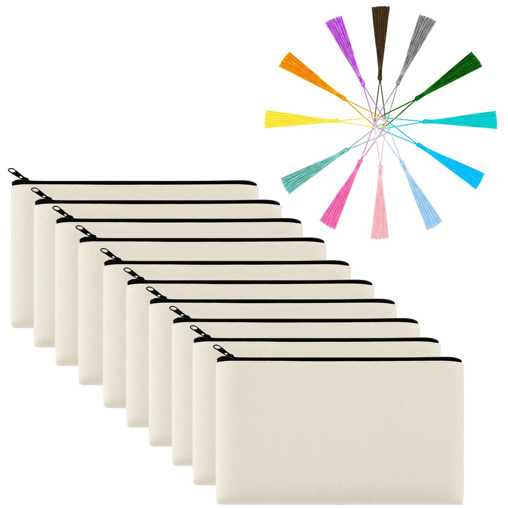 JUZNU 10 Pack Canvas Makeup Cosmetic Bags Pouch with Zipper Bulk Beige