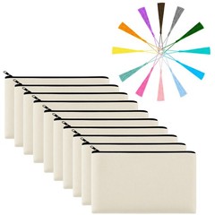 JUZNU 10 Pack Canvas Makeup Cosmetic Bags Pouch with Zipper Bulk Beige