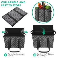 Black Large Water Resistant Foldable Reusable Grocery Tote Bags 3 Pack