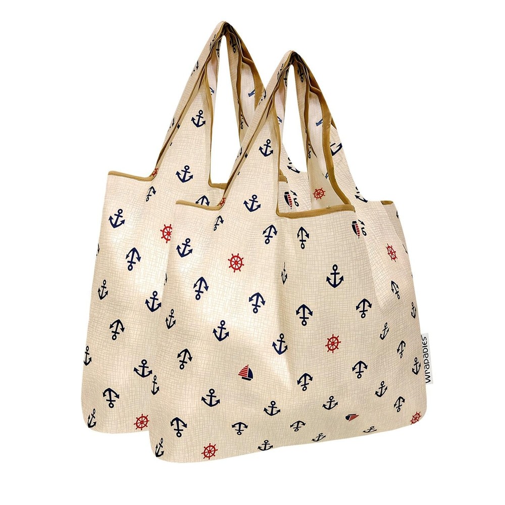 Medium Foldable Tote Nylon Reusable Grocery Bag (Set of 2), Anchors Away