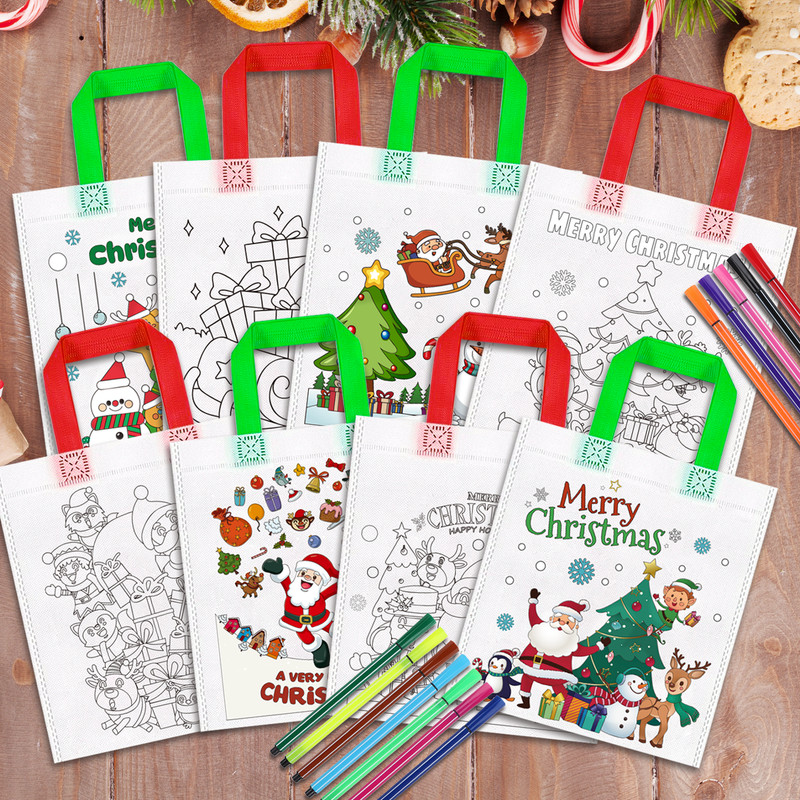 18 Pcs Christmas DIY Coloring Canvas Tote Bag Xmas Santa Goodie Bags Pencils Set