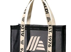 ALDI 50th Anniversary Mesh Tote Bag Black With Cream Straps Quarter Keychain NEW