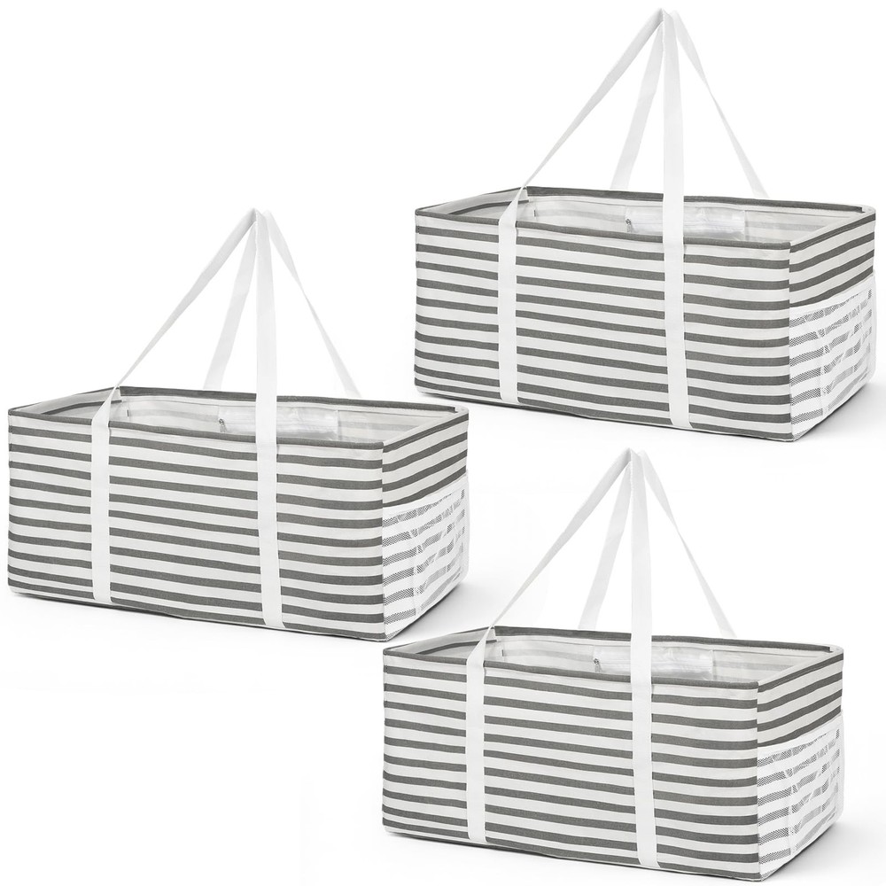 3 PCS Extra Large Tote Bag Reusable Grocery Bags with Metal Wire Frame and Ha…