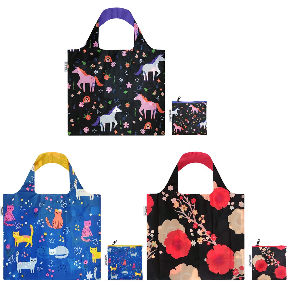 Wrapables Large Reusable Shopping Tote Bags (Set of 3), Kitty Unicorn, Floral