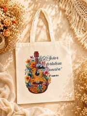Christian Floral Guitar Tote Bag | Religious Canvas Shopping Bag 15×16 in