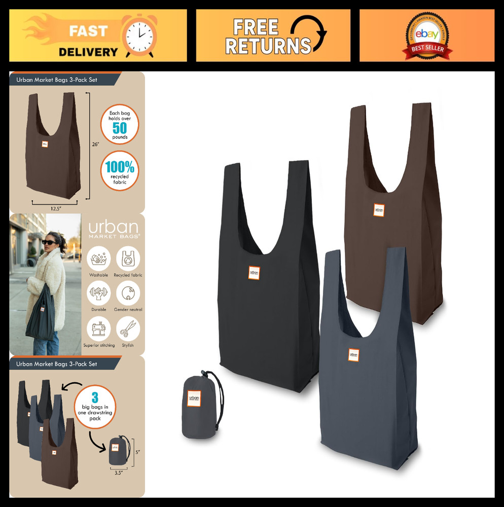 Foldable Reusable Shopping Bags – 3 Pack, Compact Pouch, Eco-Friendly, Holds 50+