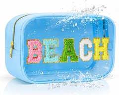 TRIP TIGER Women Clear Beach Makeup Bag with Chenille Letters-PVC PINK,BLUE