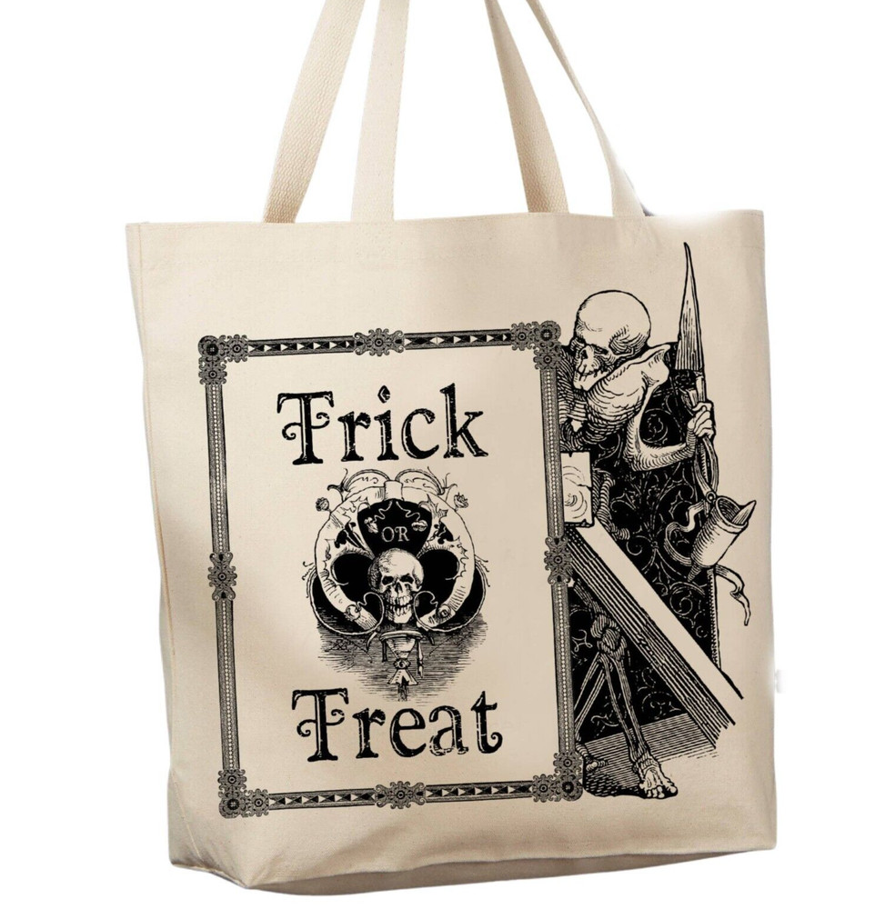 Trick or Treat Skeleton Frame Fancy Reusable Grocery Shopping Cotton Canvas Bag