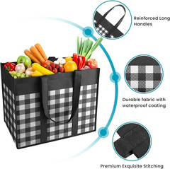 Foldable Reusable Grocery Bags, 4-Pack with Reinforced Handles, Black-White