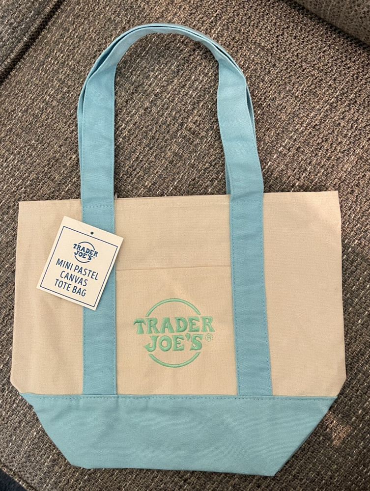 Trader Joe’s Mini Canvas Tote Lunch Bag NWT Spring Pastel Blue w/STICKERS