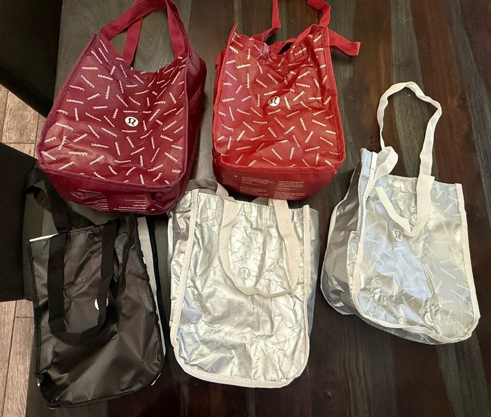 Lululemon Lunch Tote Bag Reusable Small Red, Small Black Silver Bags Lot of 5