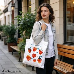 Canvas Tote Bag for Women, Sleepy Cat Berries Reusable Shoulder Bags, Birthda…