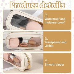 Eldraqth Small Clear Makeup Bag, PU Leather Travel Brush Bag Beige
