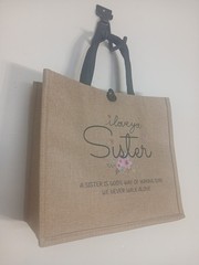 Foldable Jute Reusable Shopping Bag, Floral, Beige Black, Sister Quote