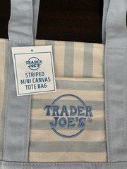 TRADER JOES SET OF 4 MINI CANVAS STRIPED TOTE BAGS LIGHT GREEN, PINK, BLUE & TAN