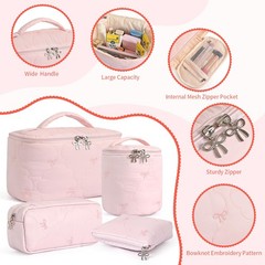 4Pcs Quilted Makeup Bag Set, Cute Bowknot Puffy 10.2 x 5.5 x 6.3 inches, Pink