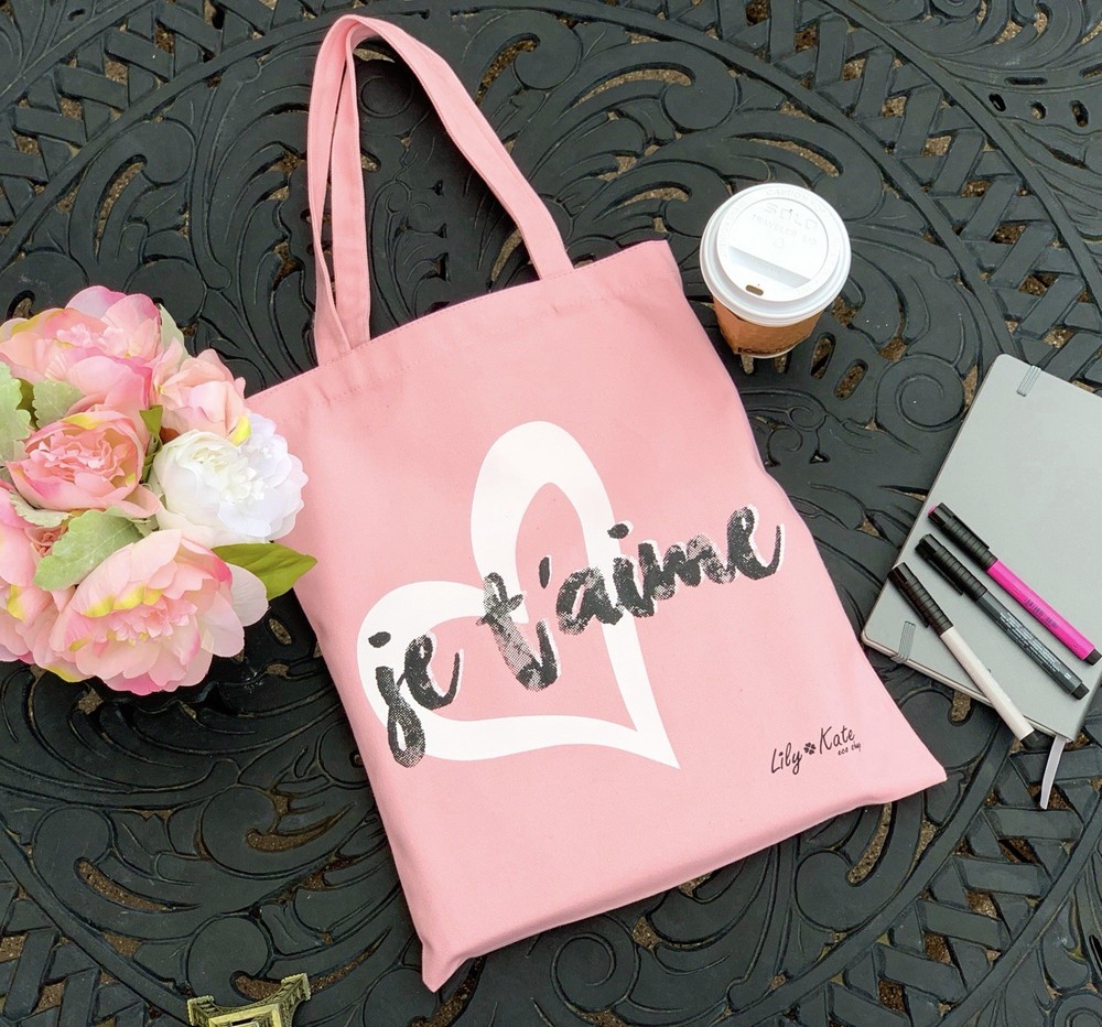 Lily Kate Pink Canvas Foldable Tote ‘je t’aime’ Heart Design
