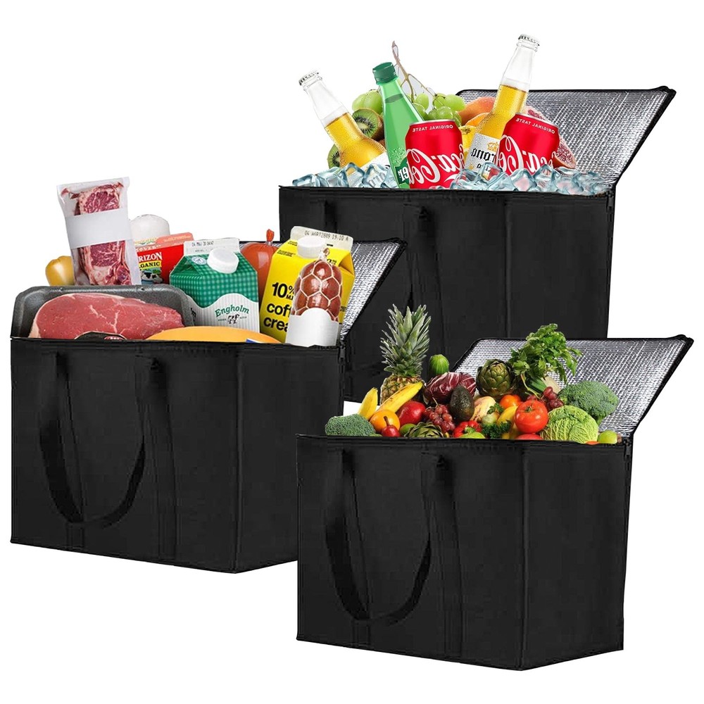 3 Pack Insulated Grocery Bags with Zippered Top, Black Shopping Bags with Han…