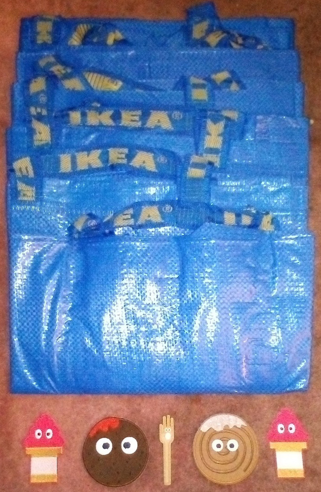Lot Of Six New IKEA Frakta Large Blue Shopping Bags And Five Sticker Patches