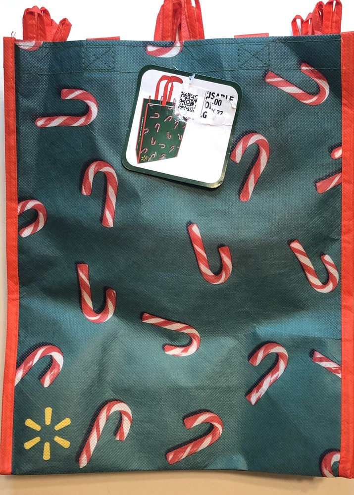 Two (2) Reusable Shopping/Gift Bags w/Candy Cane Designs 14.5” X 11.75” X 6.25”