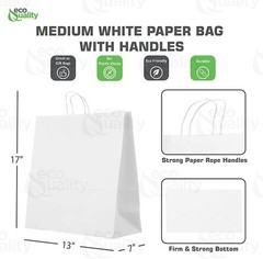 13x7x17 Medium Kraft White Paper Shopping Bags with Twine Handles Reusable 500pc