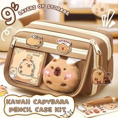 IN Chenthy Capybara Pencil Case Kit with Plush Doll+20 Stickers+2 Brown