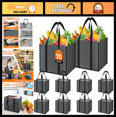 10 Pack Reusable Grocery Bags – 35L Large Water-Resistant Totes, Foldable Shoppi